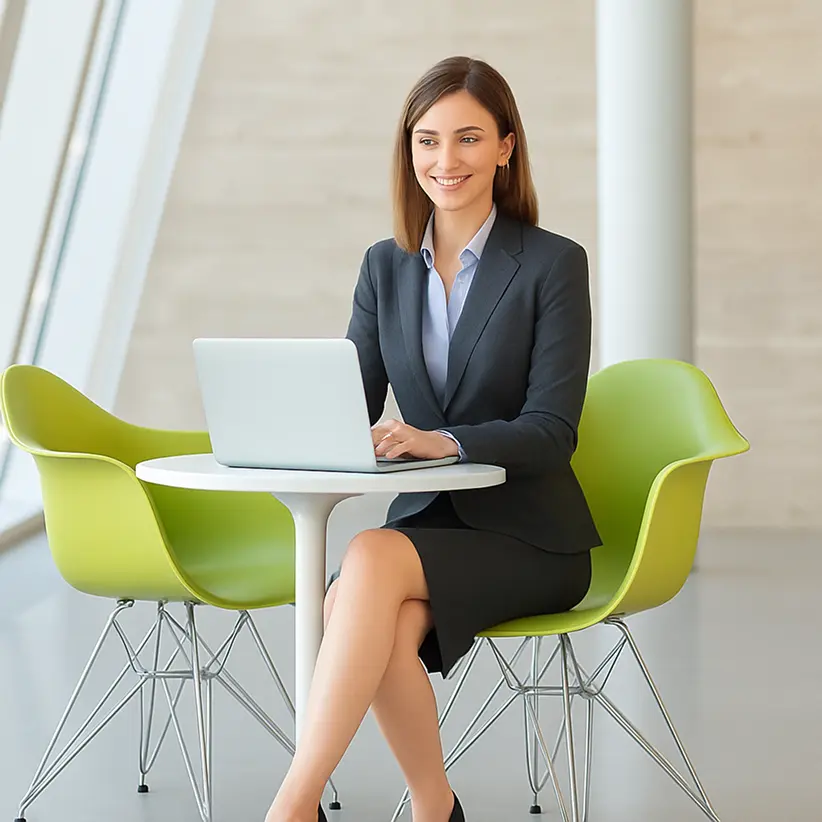 Profesionalna web dizajn usluga - žena radi na laptopu u modernom poslovnom prostoru