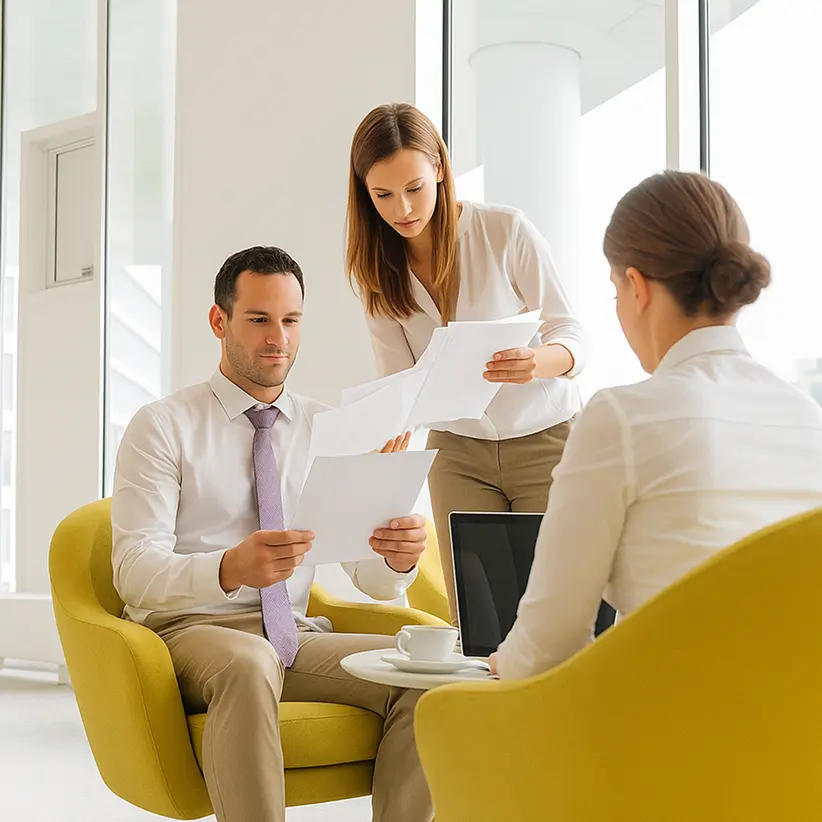 Stručnjaci za web projekte na sastanku, razmenjuju dokumente i planiraju strategiju